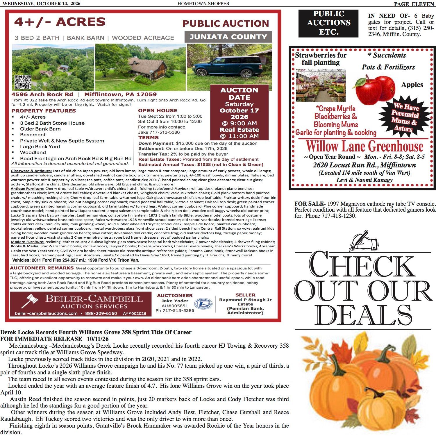 Auction flyer with house, greenhouse, and produce ads; “4+/− acres” and “Check out our deals” pumpkins.
