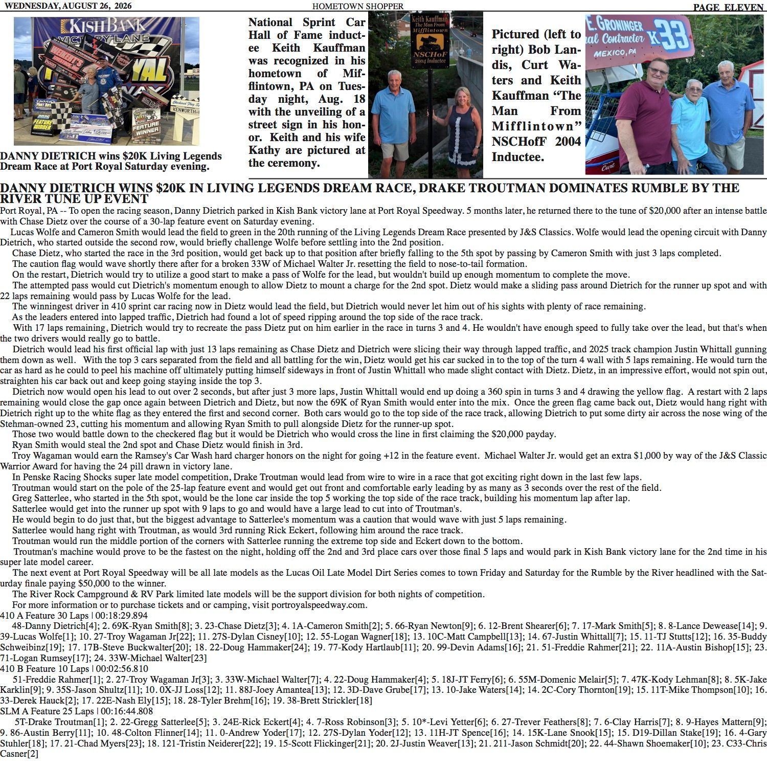 Newspaper page with multiple photos and dense article text, including a blue-shirt group photo at top right