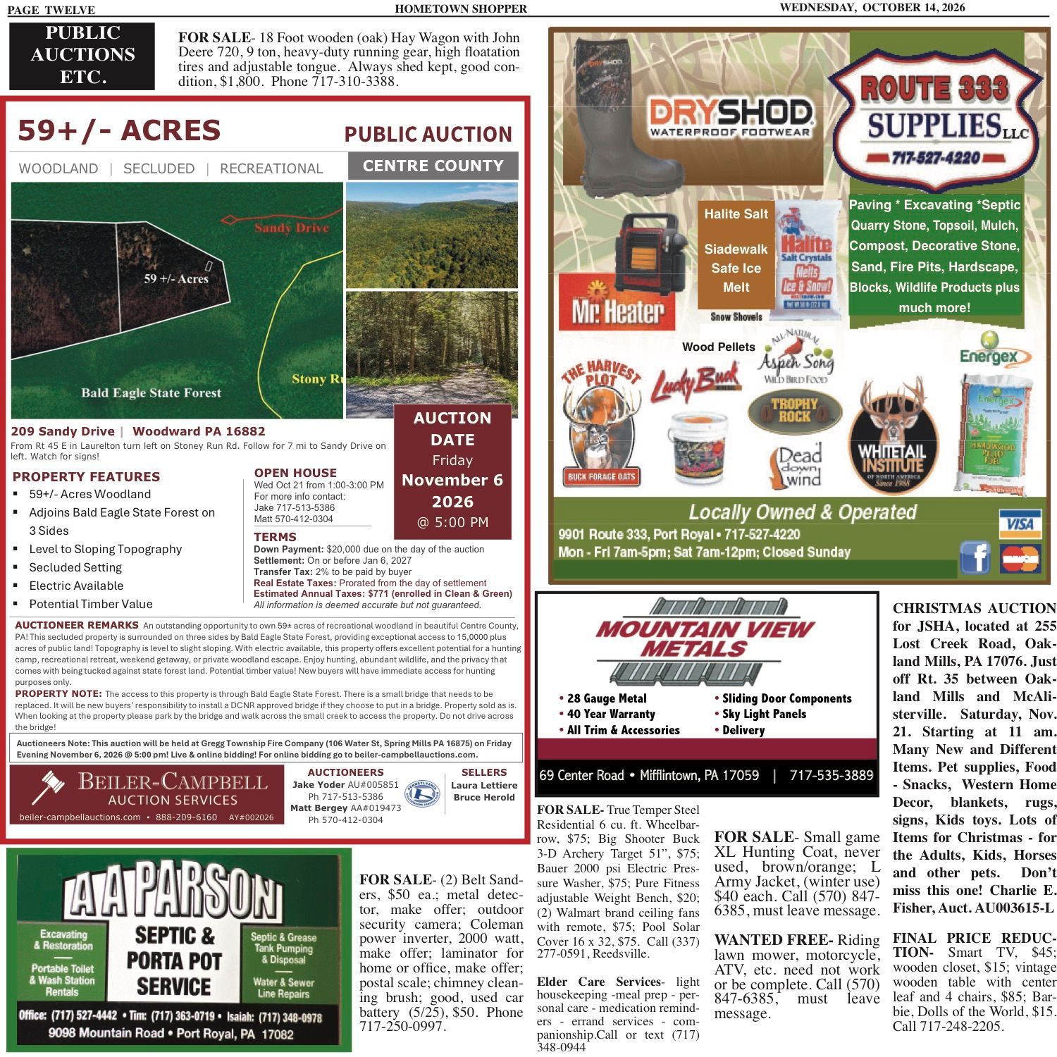 Scanned newspaper page with real estate and local business ads in red, green, and black.