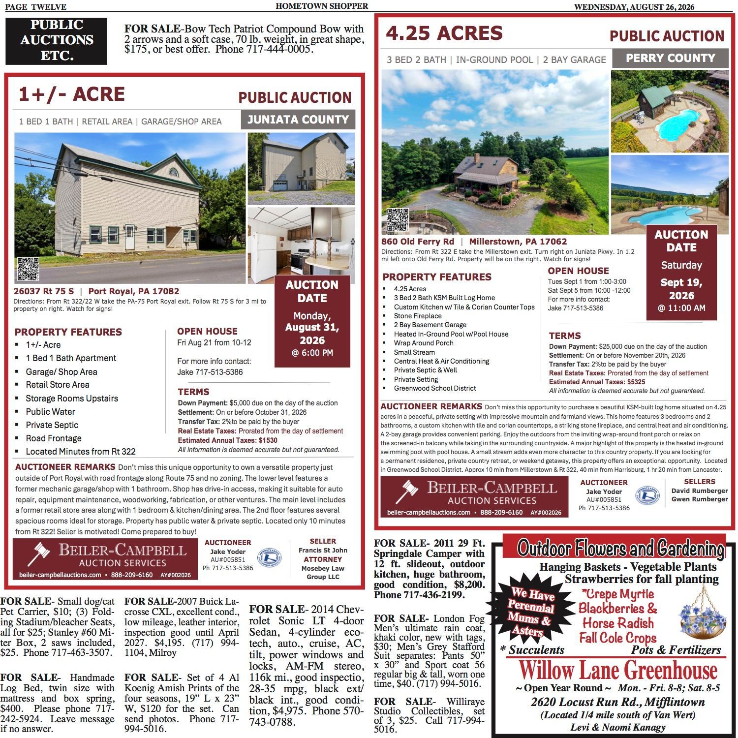 Real estate auction flyer with two home photos, lot details, and red-and-white listing text.
