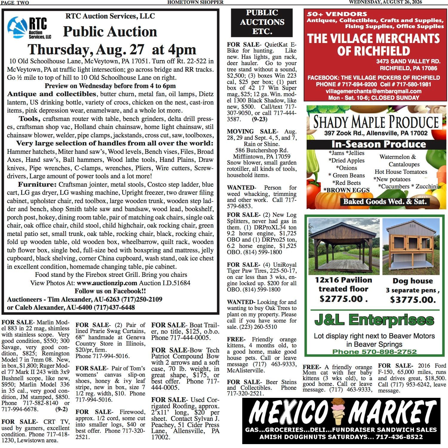 Newspaper classified ads page with auction notice, local businesses, and home listings.