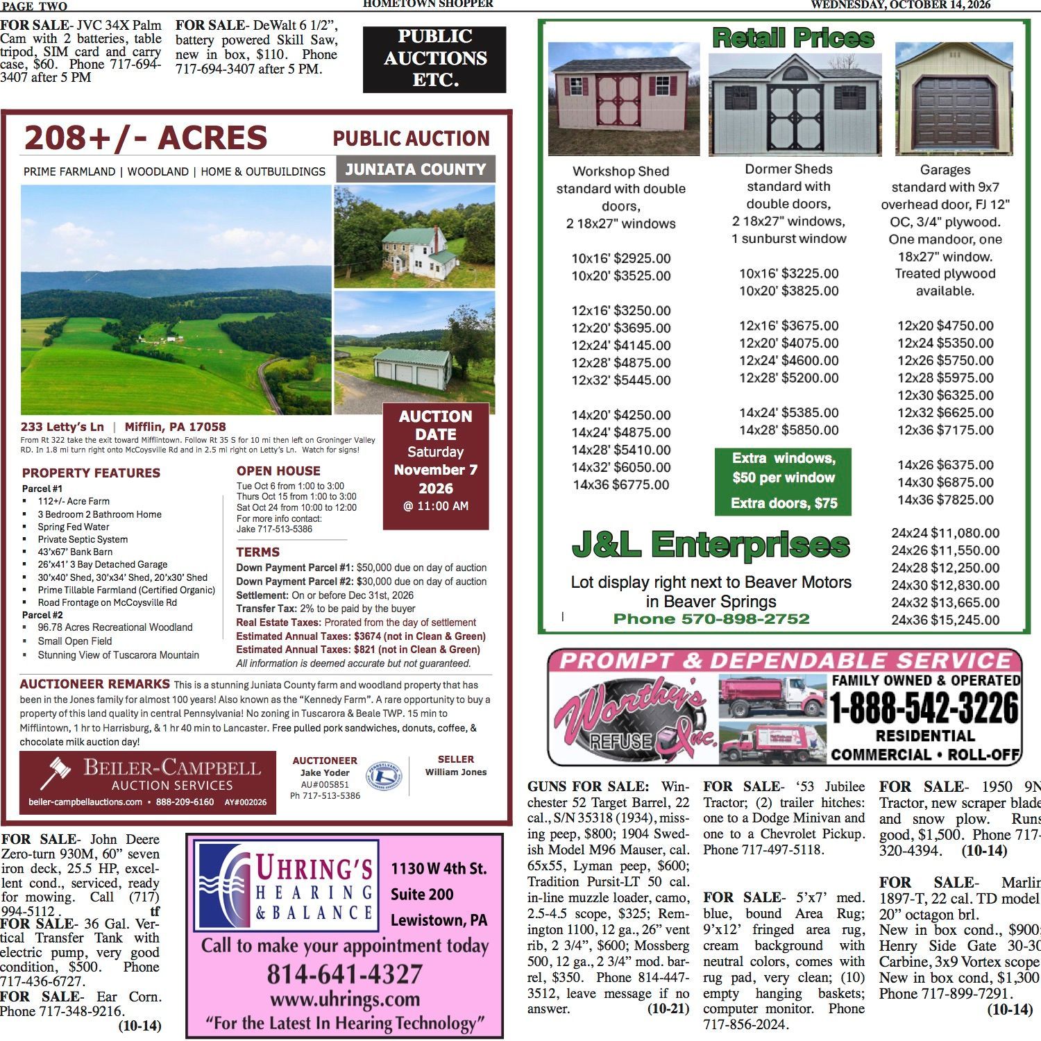 Auction flyer collage with farm land photo, machinery ads, and real estate listings in multiple panels