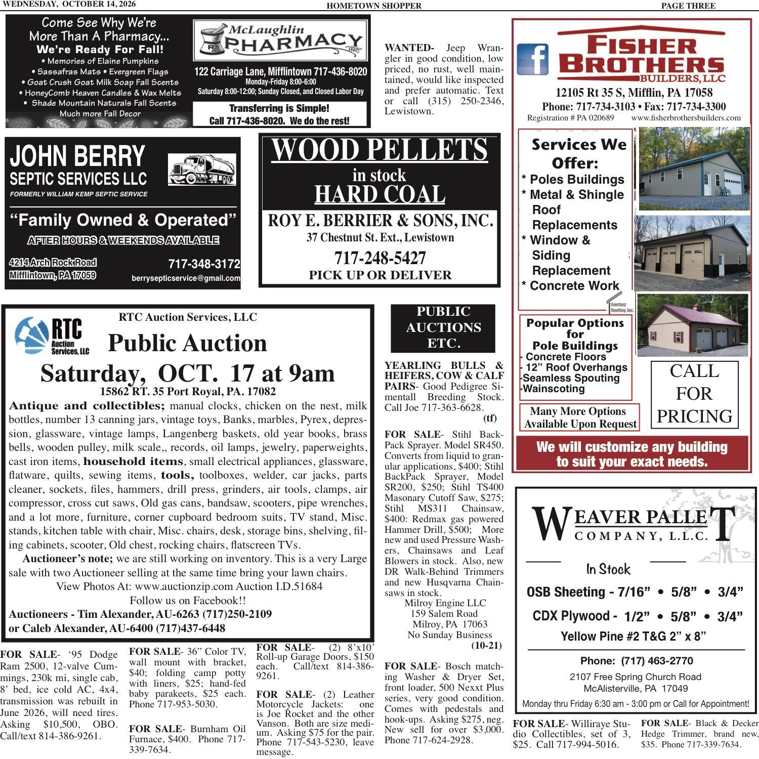 Black-and-white newspaper classifieds page with ads for plumbing, wood pellets, a public auction, and fish brothers services