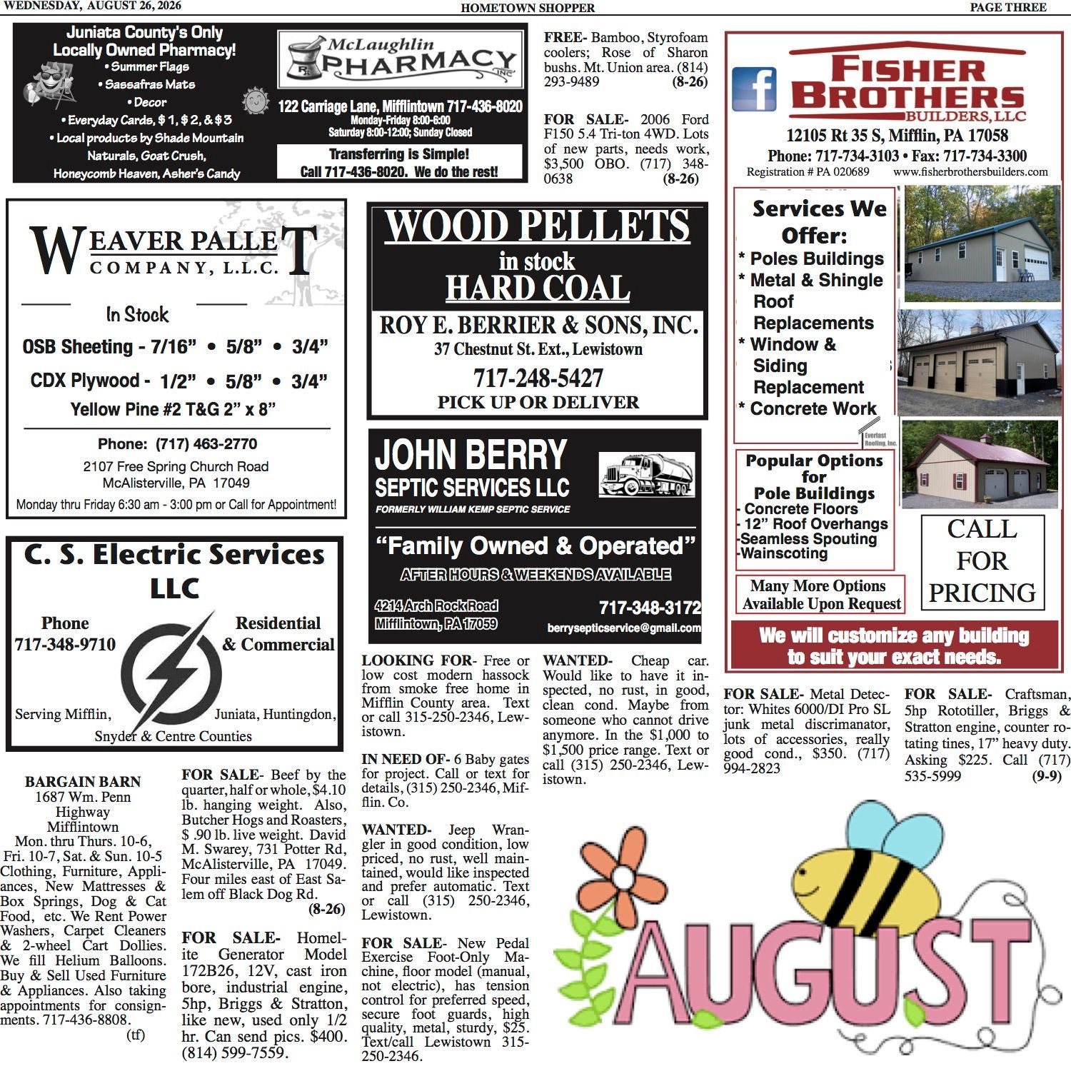 Collage of local business ads with a large colorful “AUGUST” label and bee graphic at the bottom.