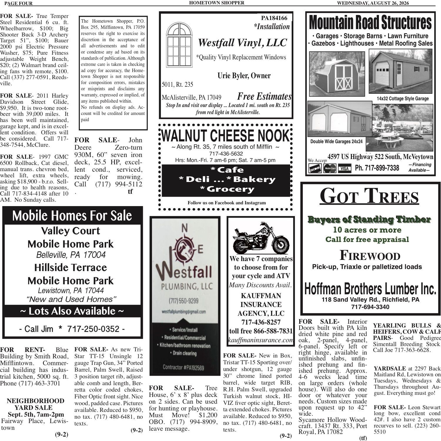 Black-and-white page of small classified ads for local businesses and homes