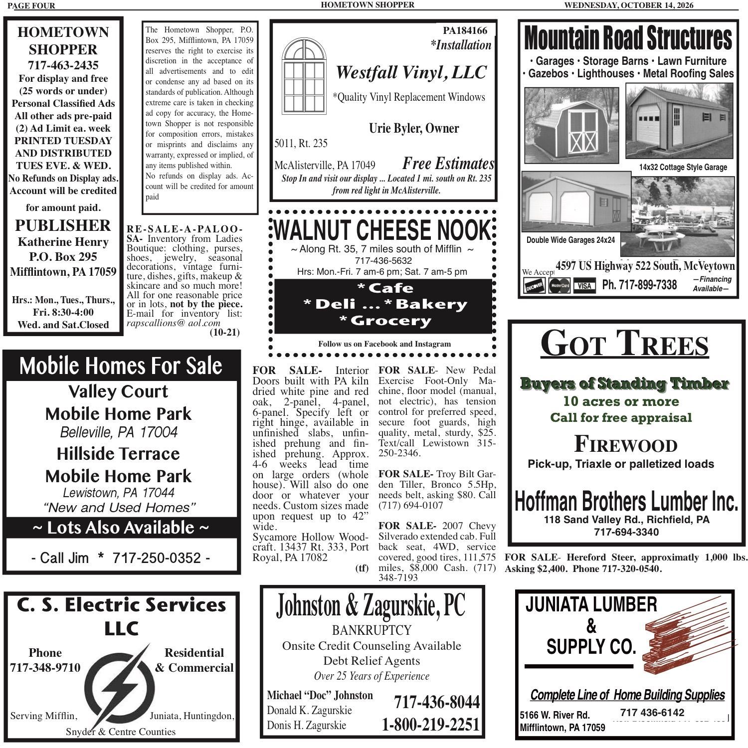 Black-and-white collage of classified ads for local businesses, homes, trees, lumber, and services.