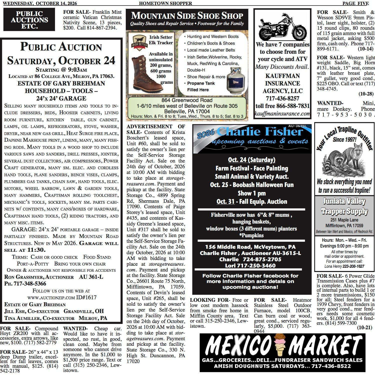 Black-and-white newspaper classifieds page with auction, real estate, and local service ads