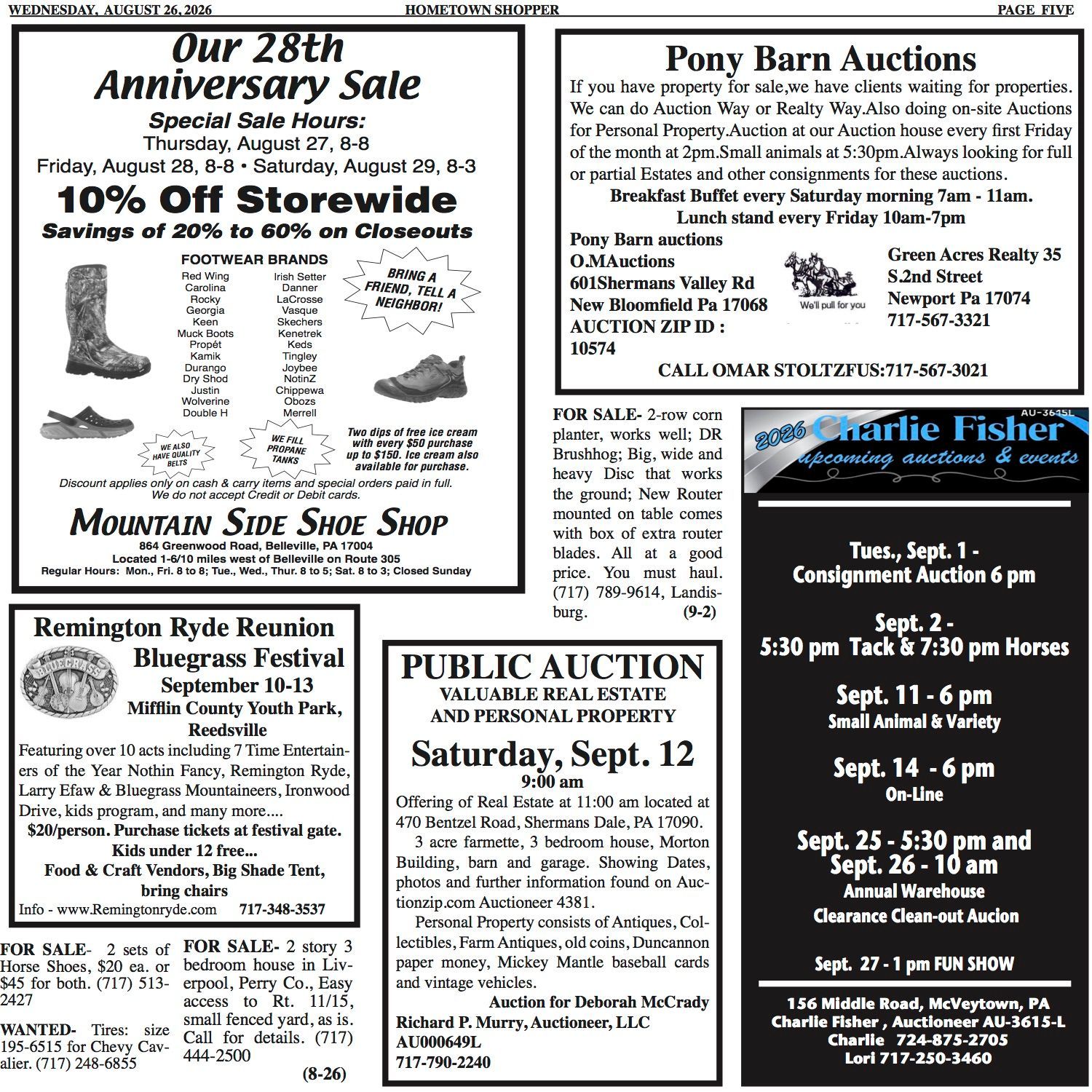 Collage of local newspaper ads for sales, auctions, and community events in black-and-white.