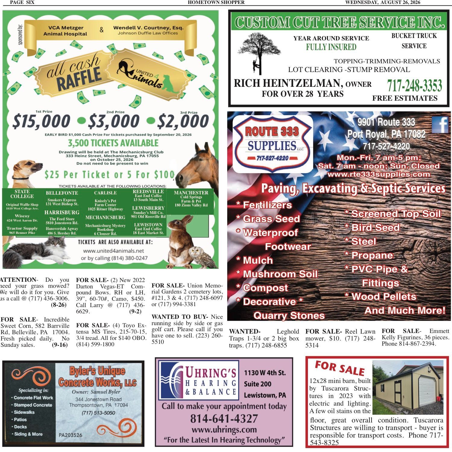 Collage of local ads and flyers, including a green raffle poster and service listings in red, black, and tan.