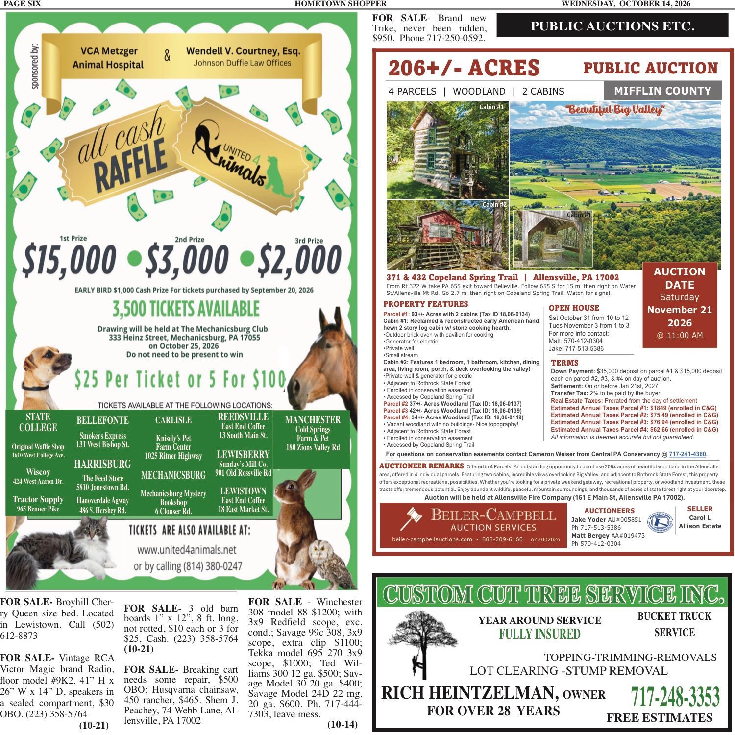 Real estate flyer collage: raffle poster, 206+/- acres public auction, and service ad with deer logo