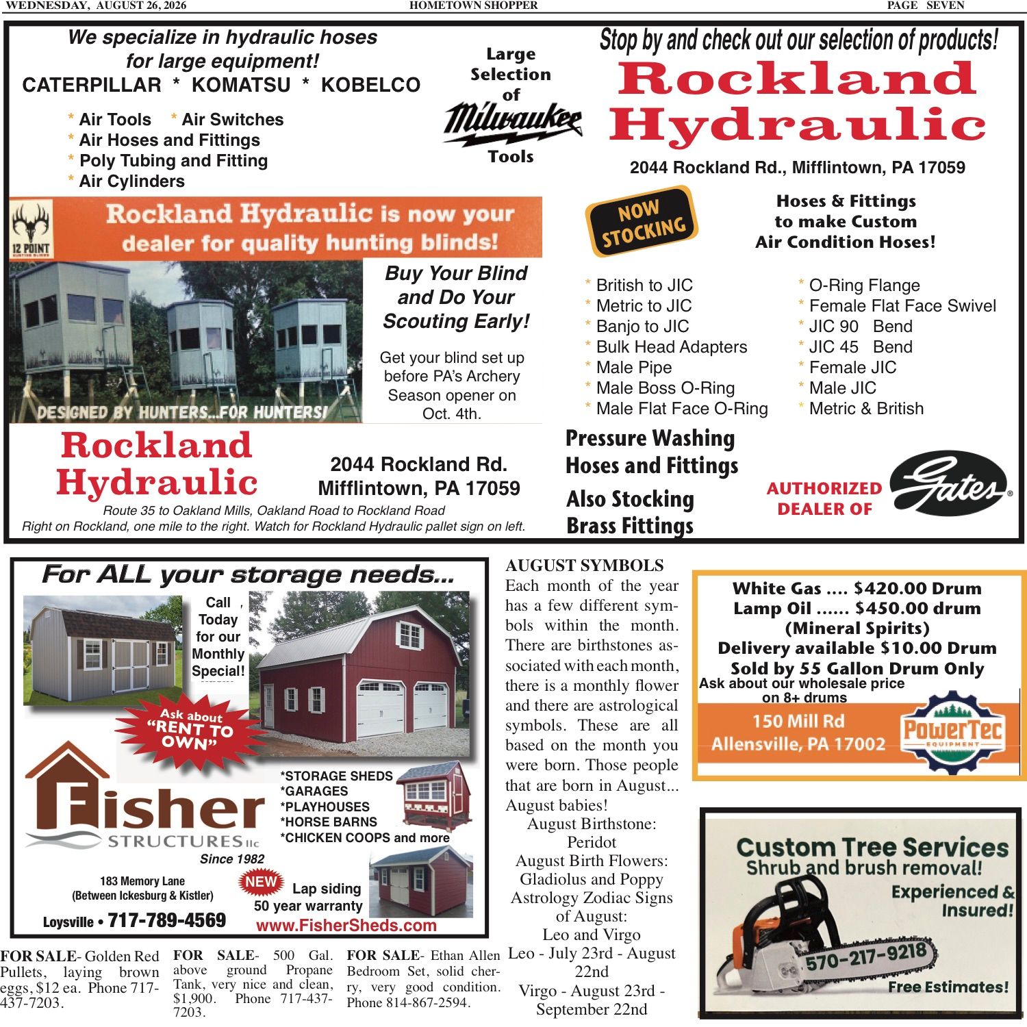 Rockland Hydraulic business flyer with red logo, equipment ads, storage building and truck services, 2044 Rockland Rd.