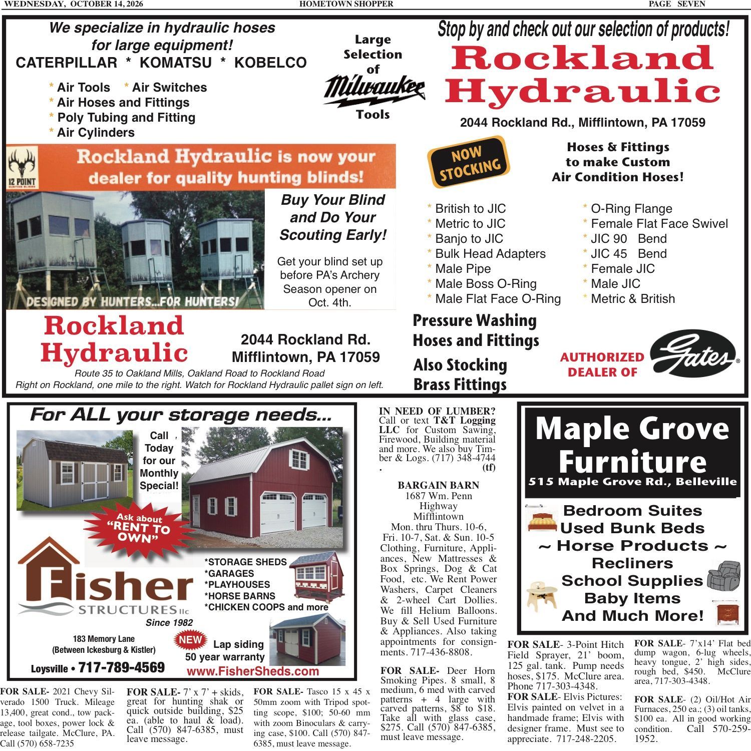 Rockland Hydraulic newspaper ad collage with red, white, and yellow business ads for local companies and services