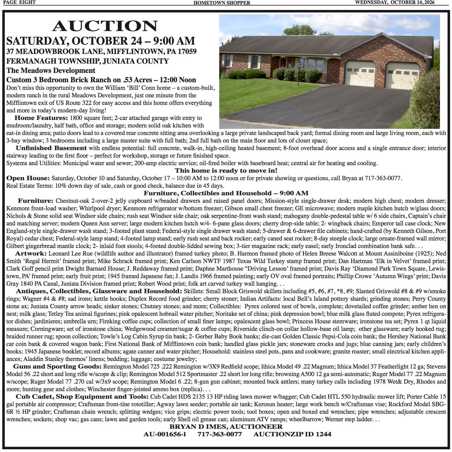 Auction flyer with text and a photo of a brick house with driveway and garage.
