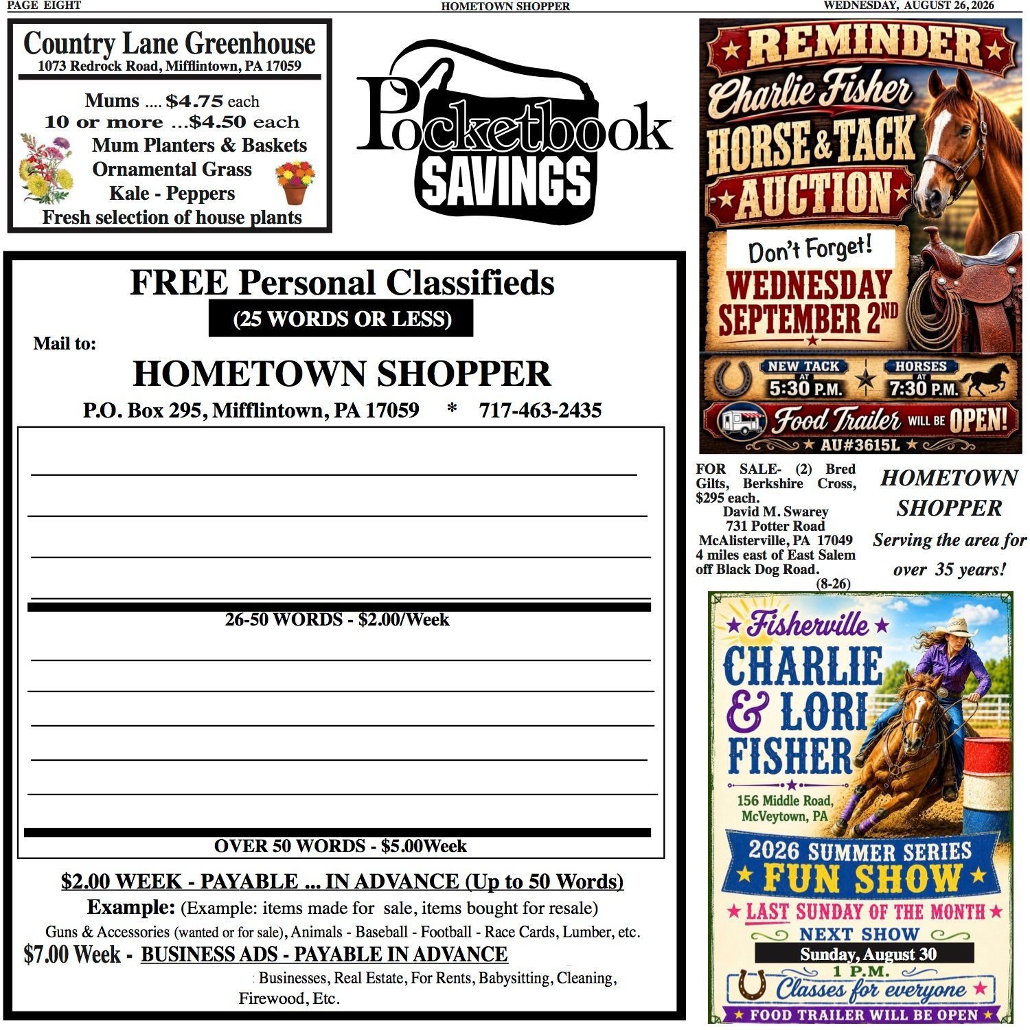 Newspaper classifieds page with multiple ads, including real estate, auction, savings, and entertainment notices