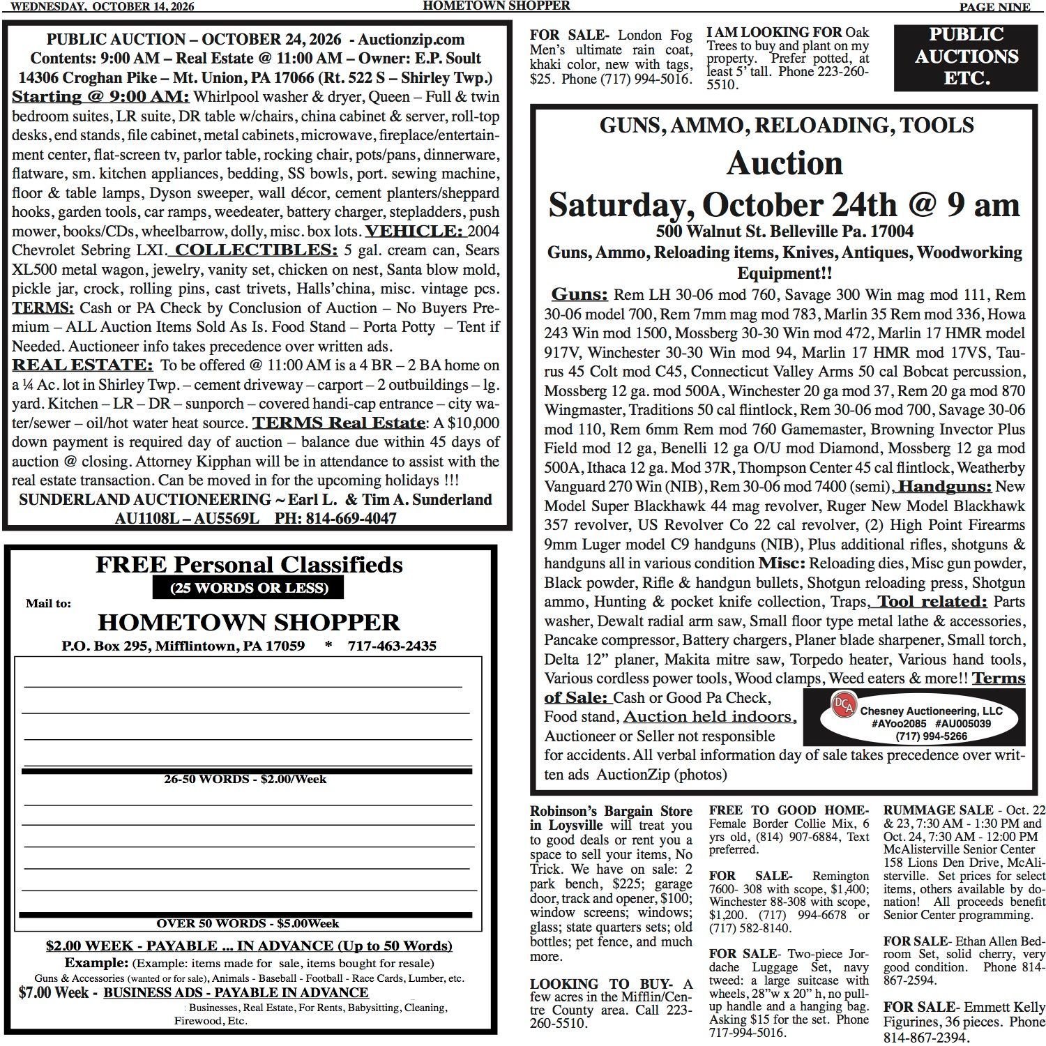 Black-and-white newspaper classifieds page with auction notice and free personal ad form