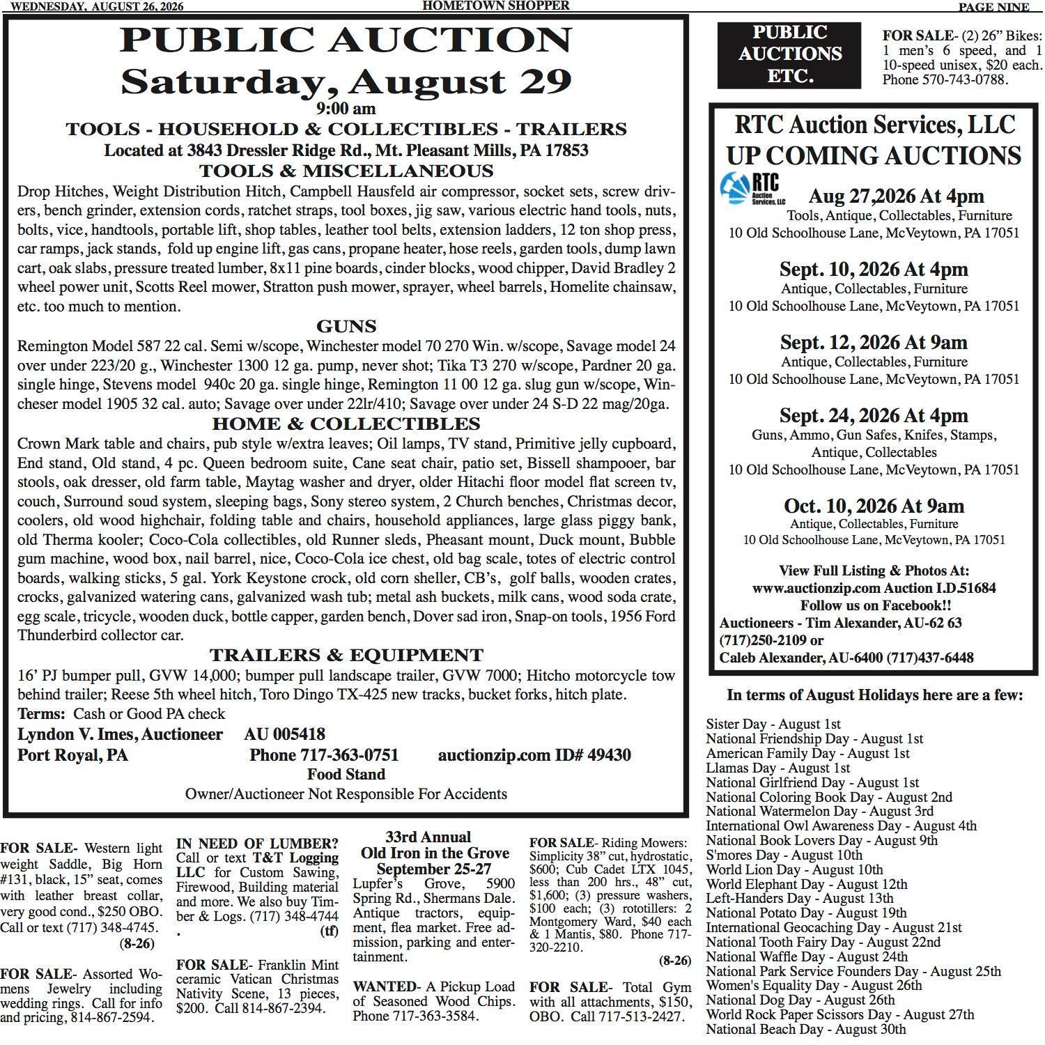 Public auction newspaper notice with dense black text and a sidebar of upcoming auction listings