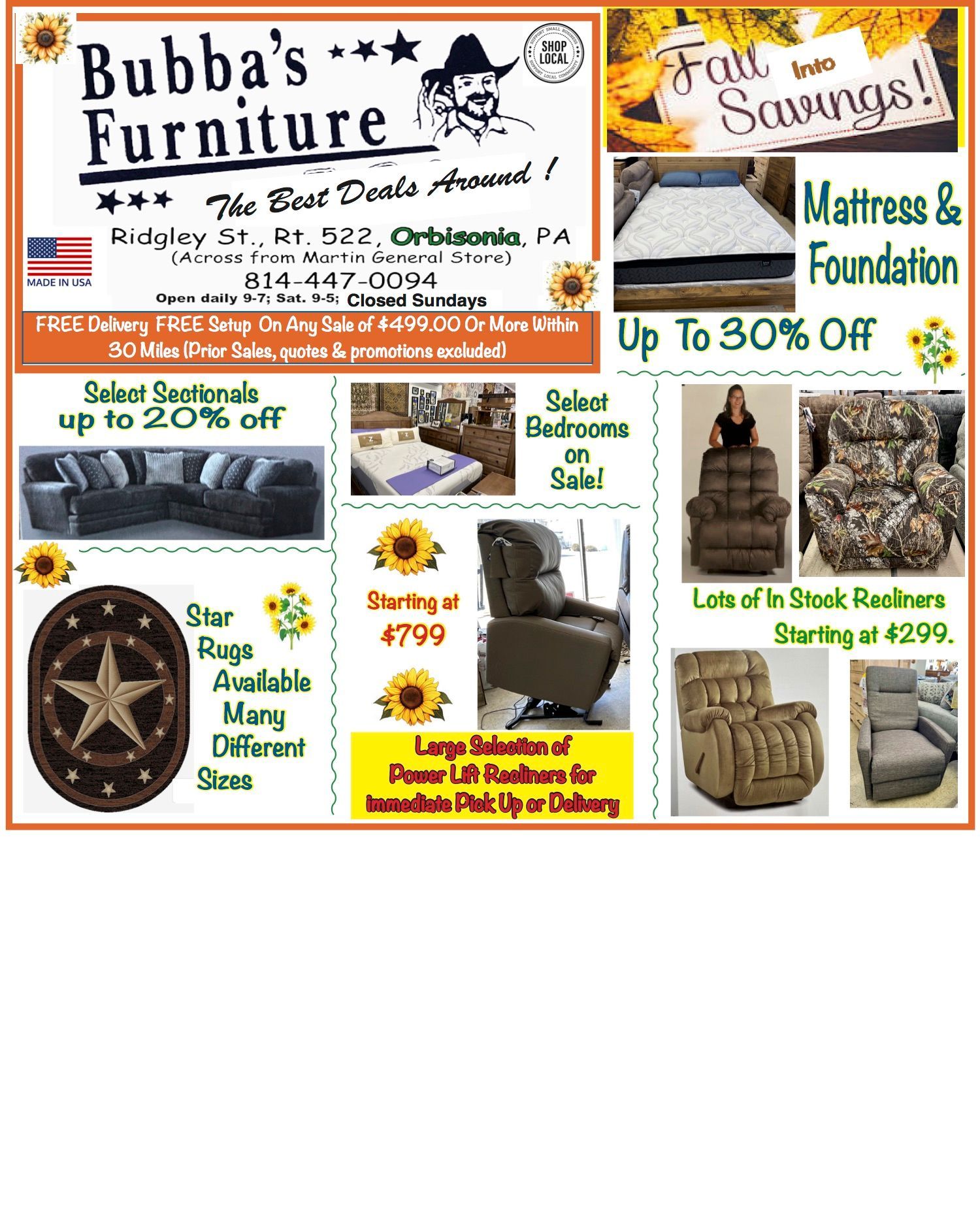 Bubba’s Furniture sale flyer with sofas, mattresses, recliners, and clearance discounts up to 50% off.
