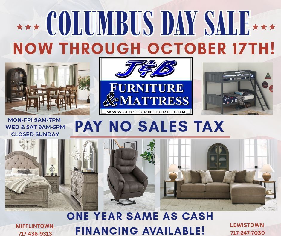 Columbus Day sale ad for F&B Furniture & Mattress, with sofas, beds and recliners, “Pay no sales tax” and “One year same as cash”
