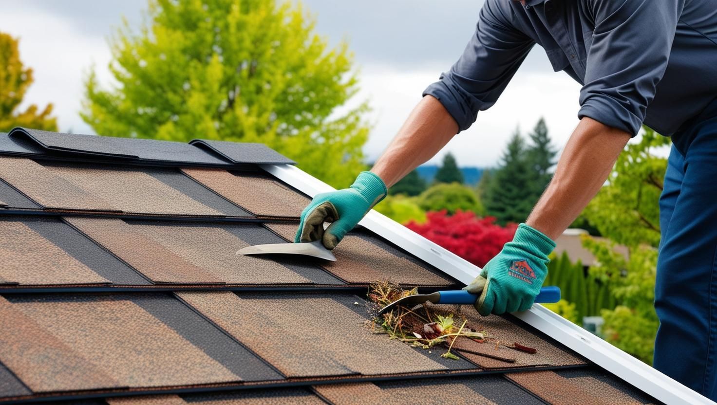 homeowner inspecting shingles and clearing debris from gutters