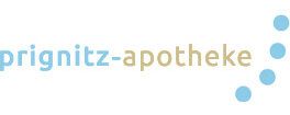 Ein Logo der Prignitz-Apotheke mit blauen Punkten auf weißem Grund.