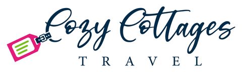 Logo for Cozy Cottages Travel with a pink suitcase and teal script text