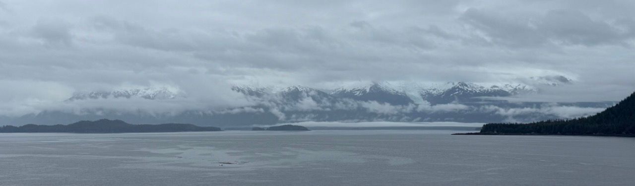 Cloudy seascape with calm water, distant shoreline, and snowcapped mountains under a gray sky