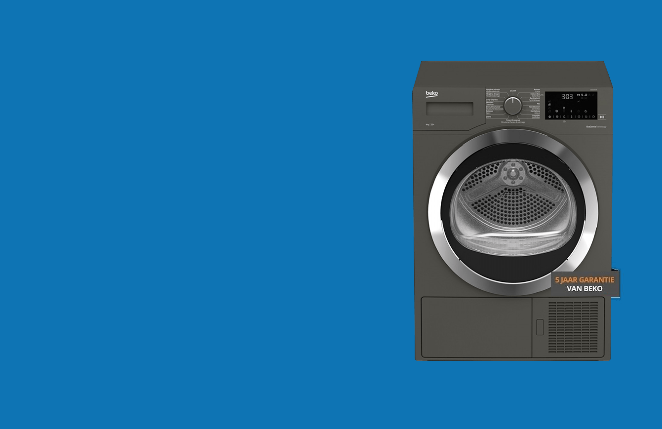 Een wasmachine en droger staan op een blauwe achtergrond.