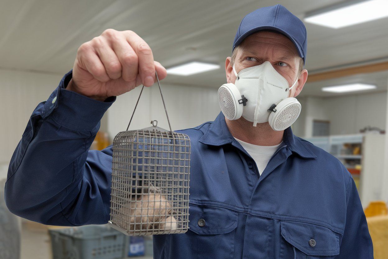 A man wearing a gas mask is holding a mouse in a cage.