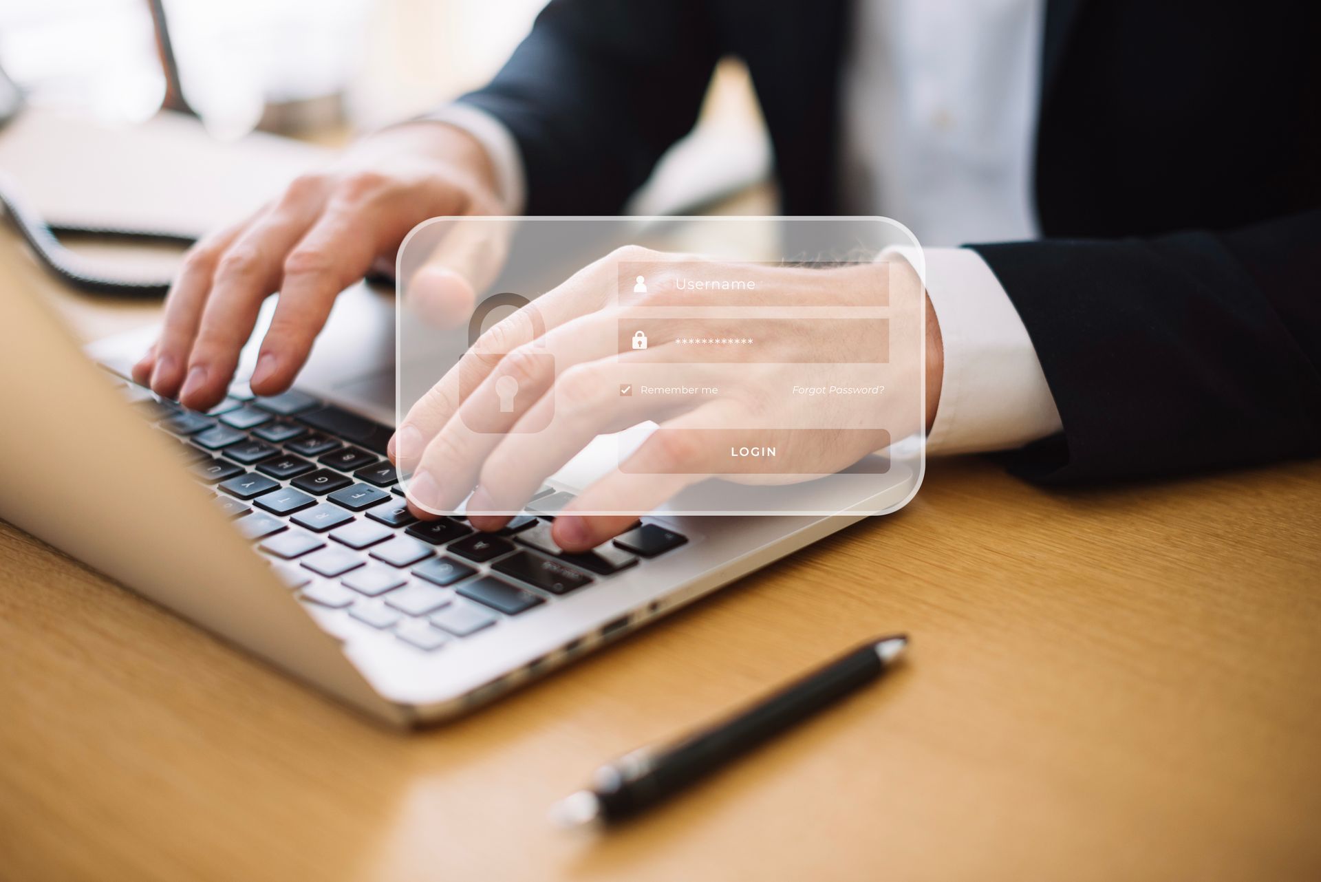 A man in a suit is typing on a laptop computer.