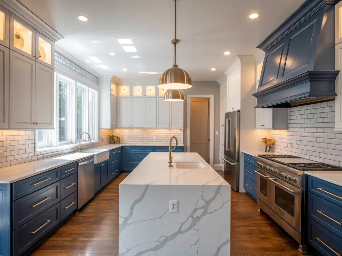 Modern kitchen with blue cabinets, white island, pendant lights, and large windows