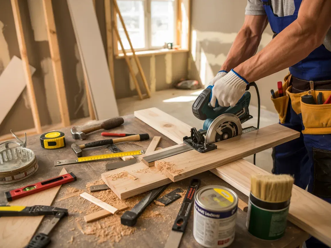 Person using a circular saw on wood in a workshop, with tools and paint cans on a cluttered workbench.