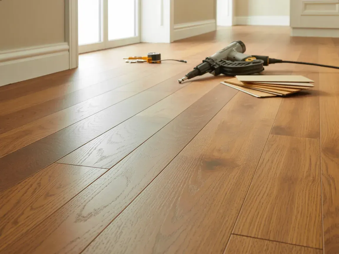 Wooden floor with a tape measure, tool, and stacked planks near a wall, suggesting a flooring installation.
