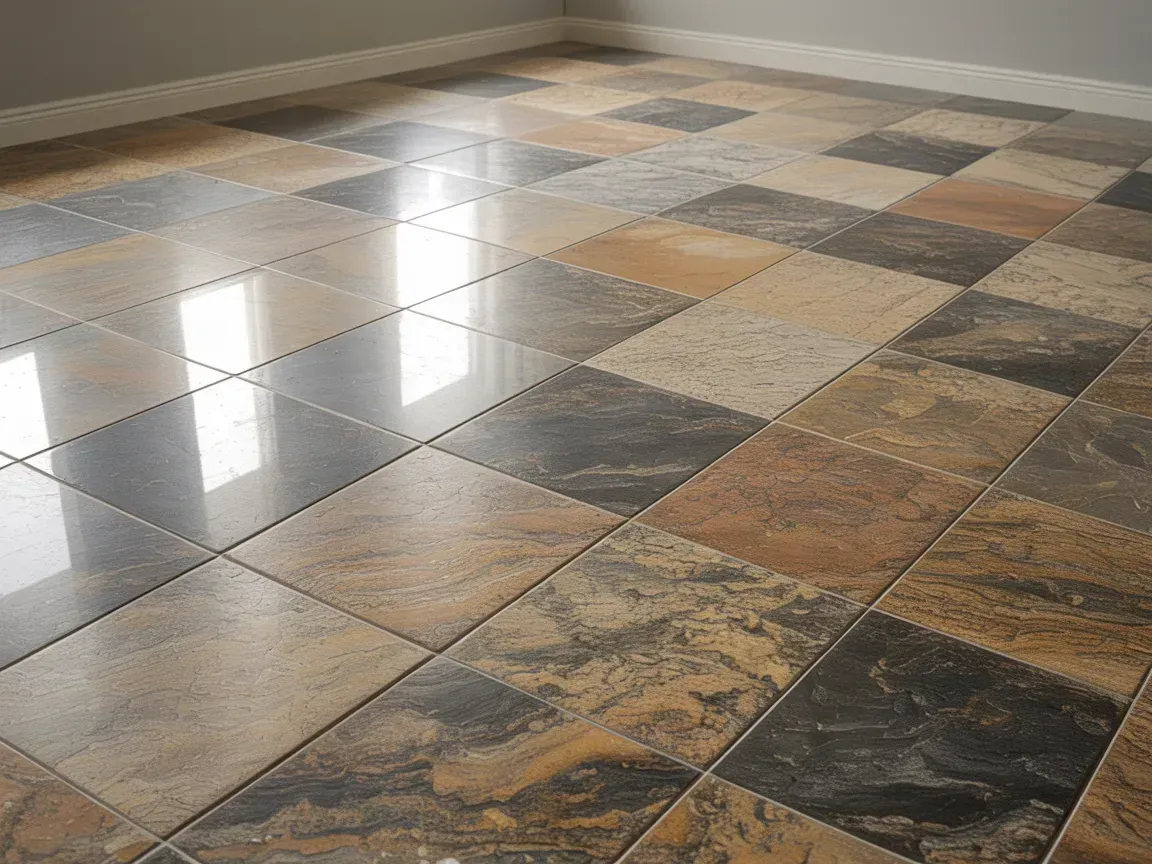 Sunlit tiled floor with brown, gray, and black patterned squares in an empty room