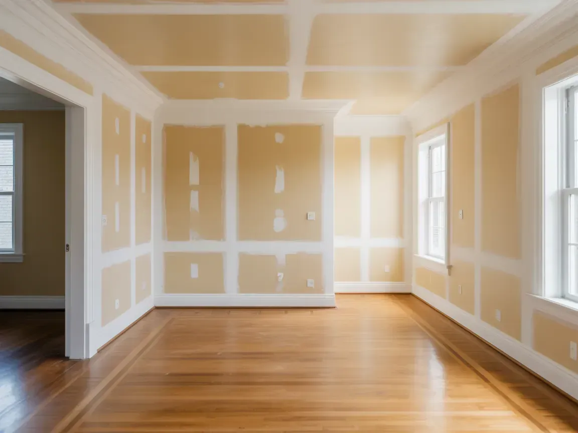 Empty room with unfinished drywall, white trim, and hardwood floors, lit by large windows.