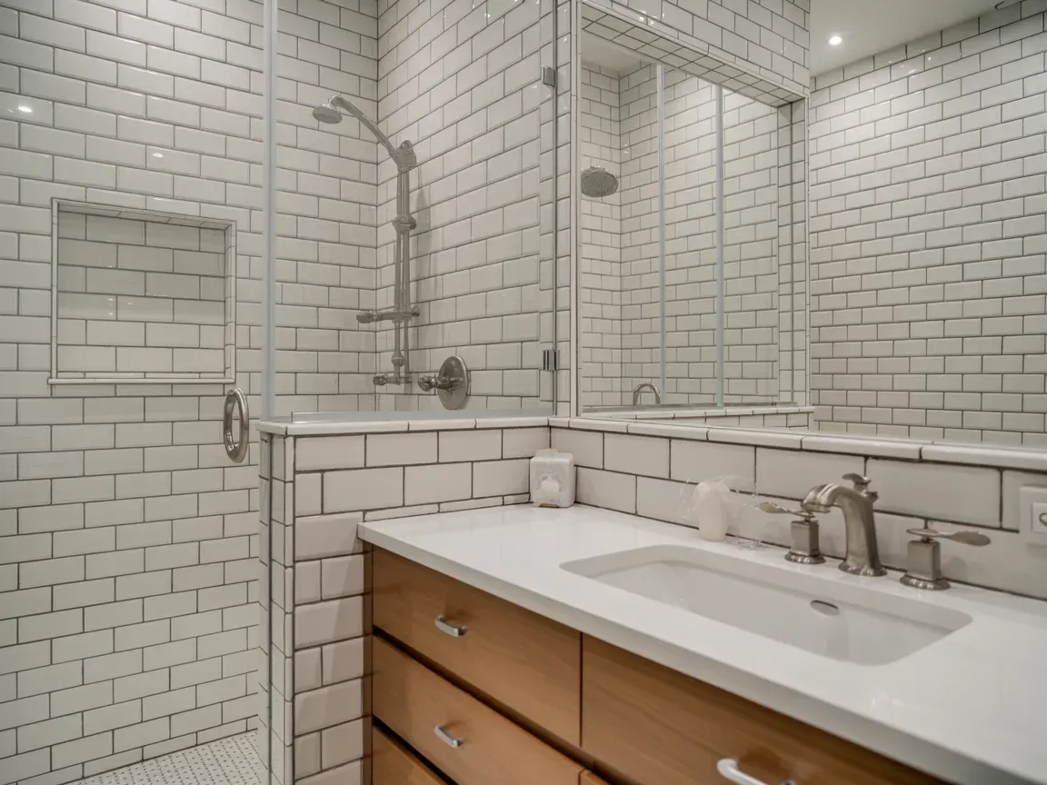 Bright bathroom with white subway-tile shower and double vanity sink, seen in a mirror.