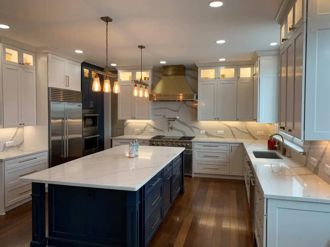 Bright modern kitchen with navy island, white cabinets, stainless appliances, and wood floors
