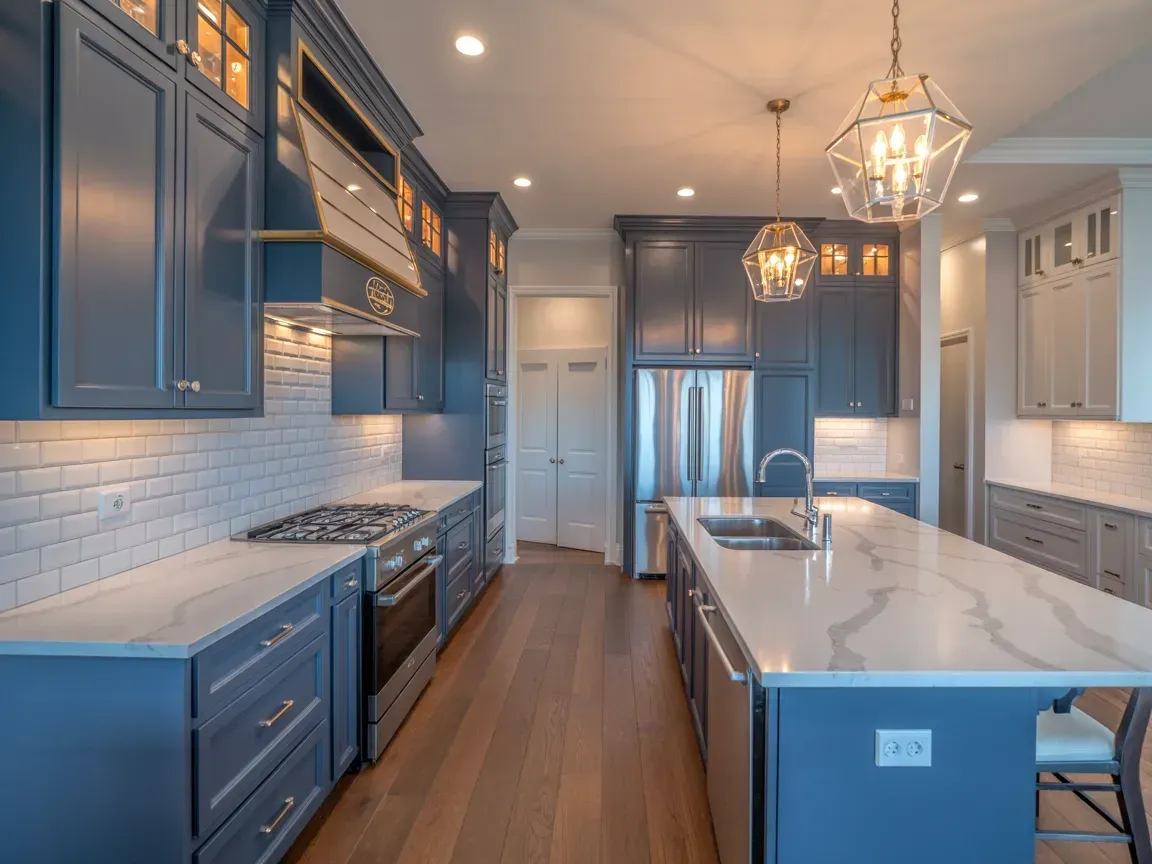 Blue kitchen with marble island, stainless appliances, and pendant lights, viewed down a long galley layout