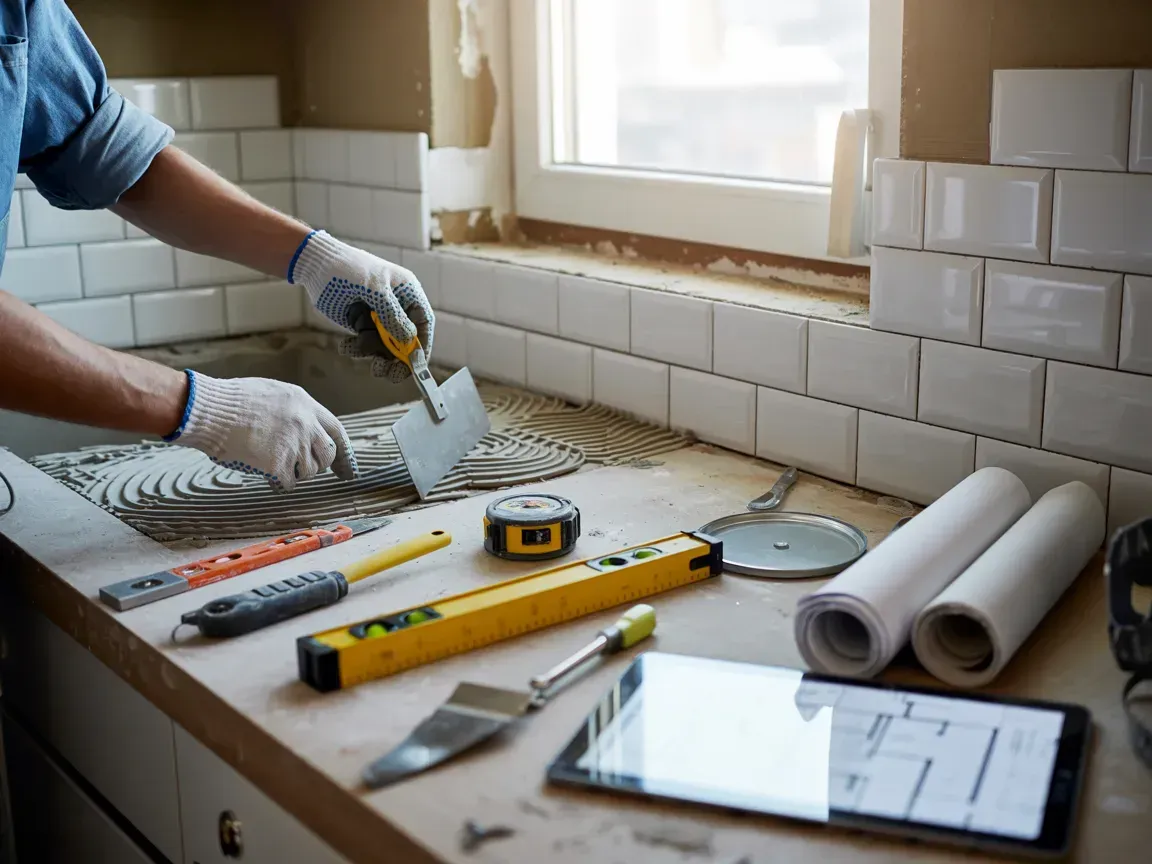 Person measuring tile on a kitchen countertop with tools, clipboard, and rolled plans nearby