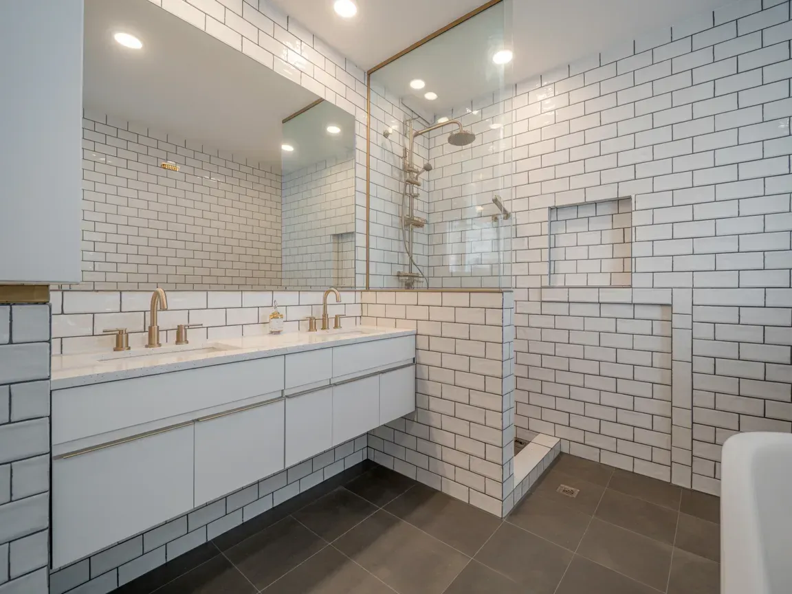Modern bathroom with white subway tile, glass shower, and double vanity with sinks