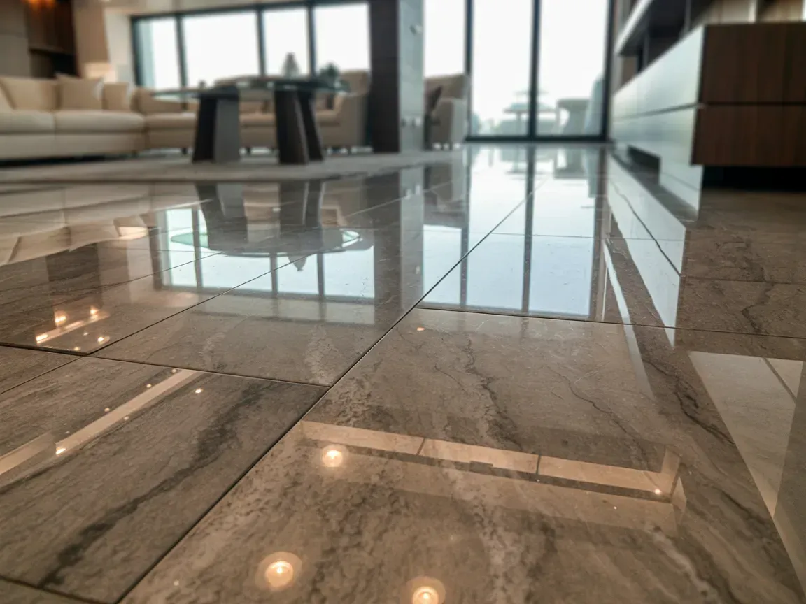 Polished marble floor reflecting a modern living room with sofas and large windows