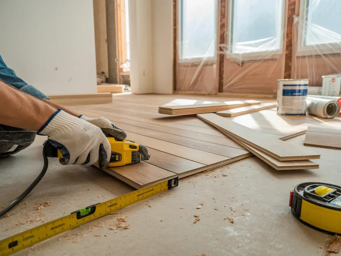 Person measuring and cutting a wooden plank with a power saw during a home flooring project