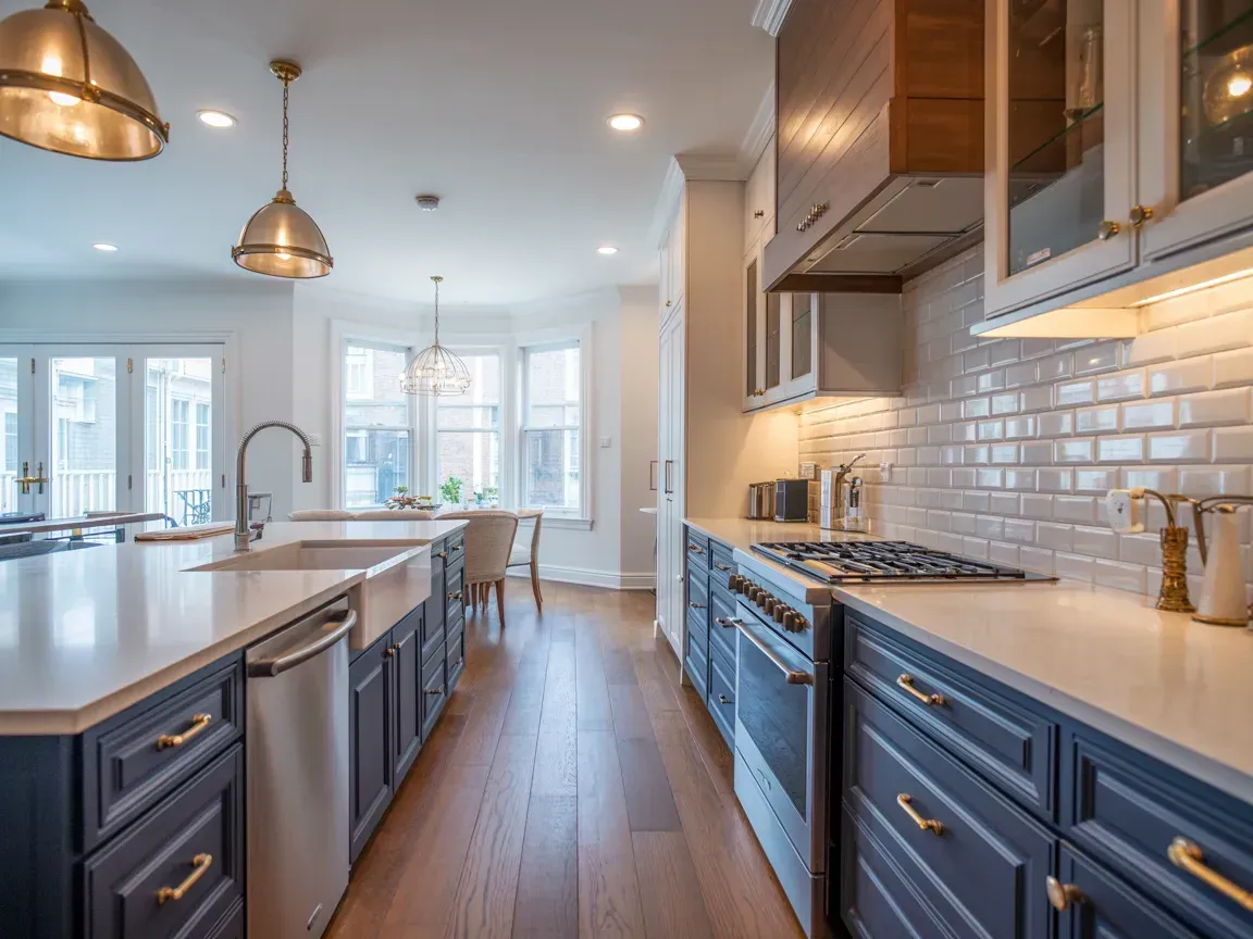 Bright modern kitchen with navy cabinets, white countertops, stainless appliances, and pendant lights