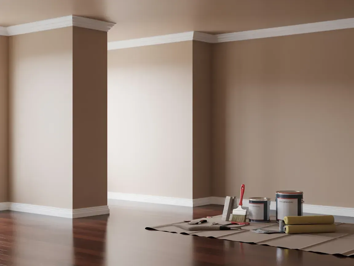 Empty room with brown walls and hardwood floor, paint supplies and tools on the floor in the corner