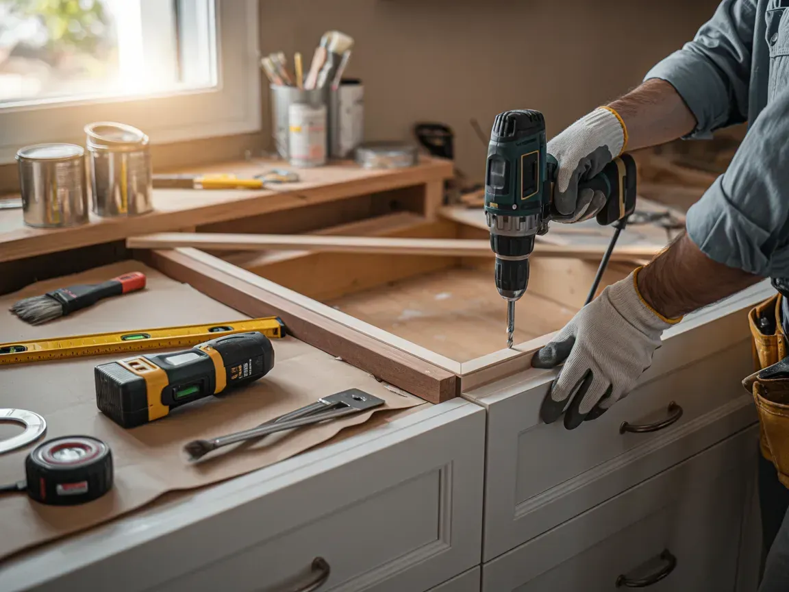 Person drilling wood in a workshop, assembling a cabinet frame on a countertop with tools nearby
