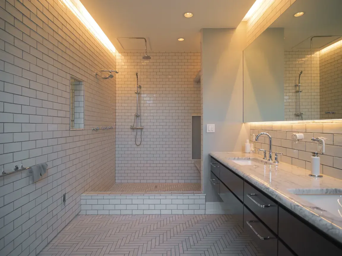 Modern bathroom with white subway tile, glass shower, and long vanity with double sinks