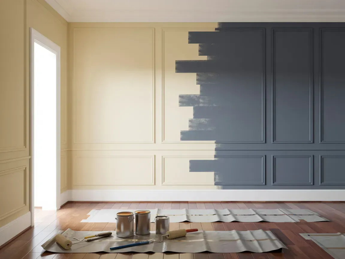 Room with cream walls and blue-gray paint being applied on the right wall, with paint supplies on the floor.