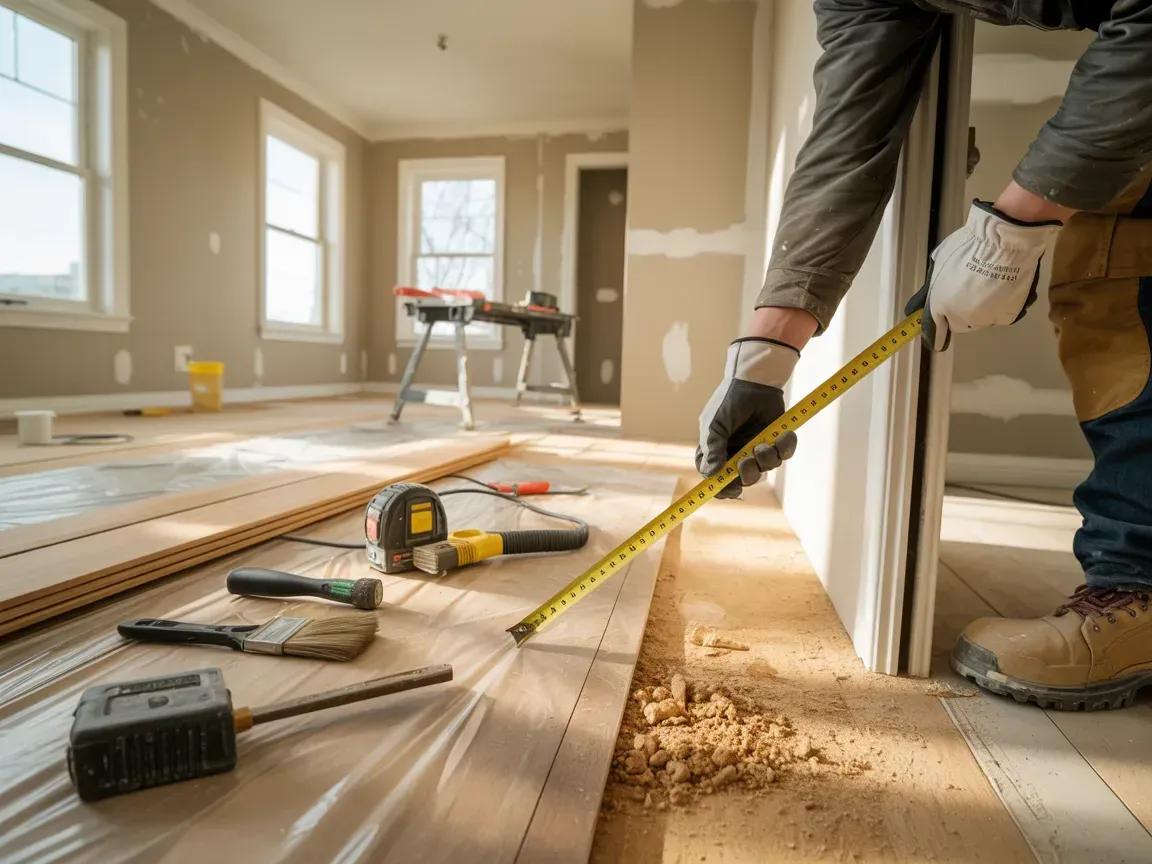 Person measuring a doorway with a tape measure during home renovation, tools scattered on the floor.