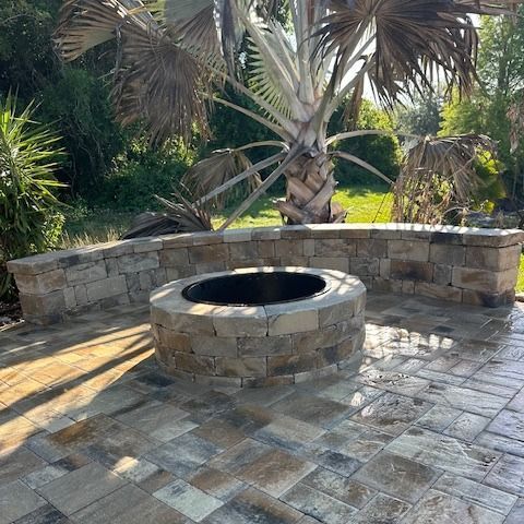 Heritage Cream/Beige/Charcoal Pavers with Coordinating Cream/Beige/Charcoal Sitting Wall and Fire Pit