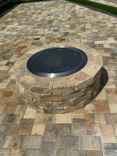 Flagstone's Union Cream/Beige/Charcoal pavers with Coordinating Cream/Beige/Charcoal Fire Pit
