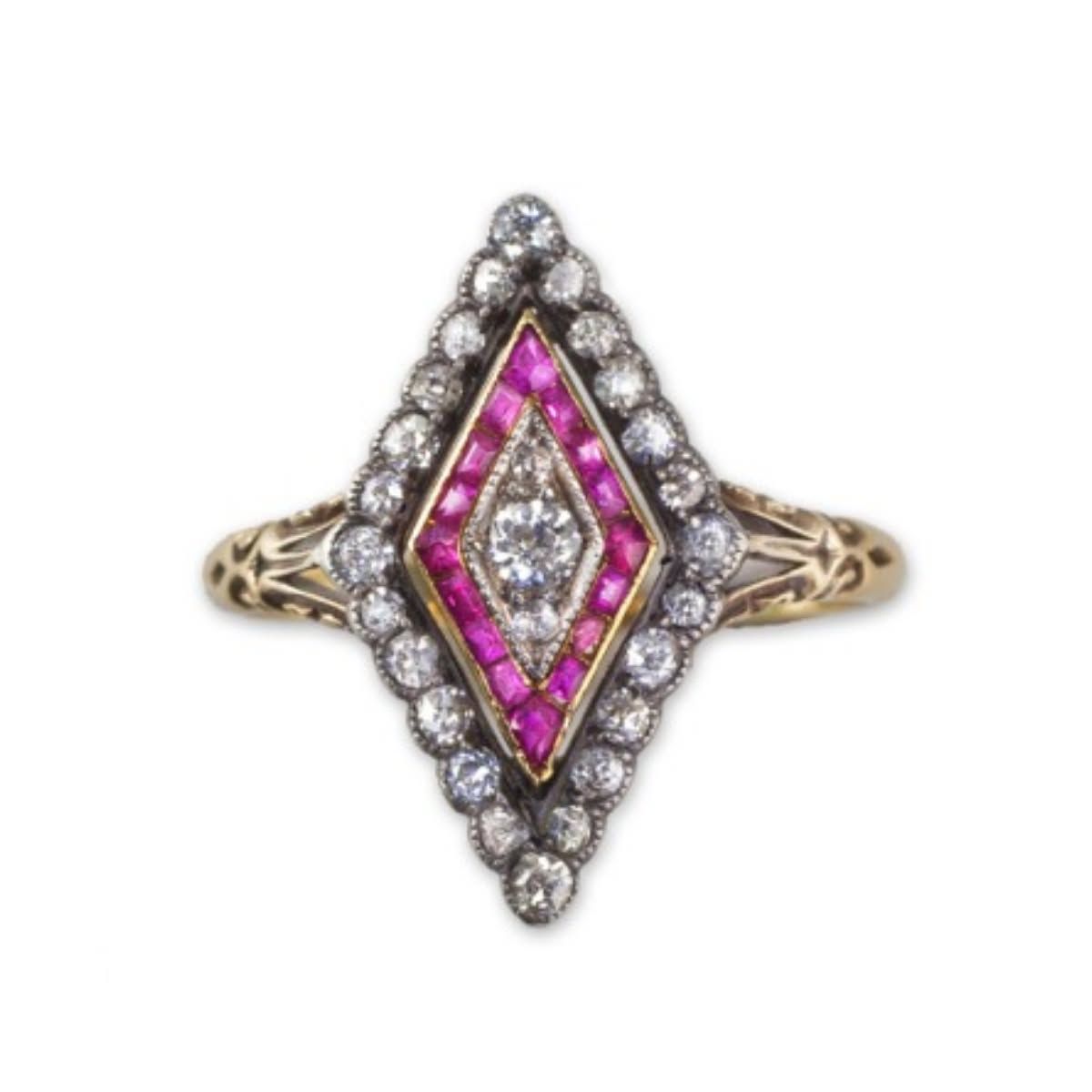 Gold ring with a marquise diamond and pink gemstone halo design